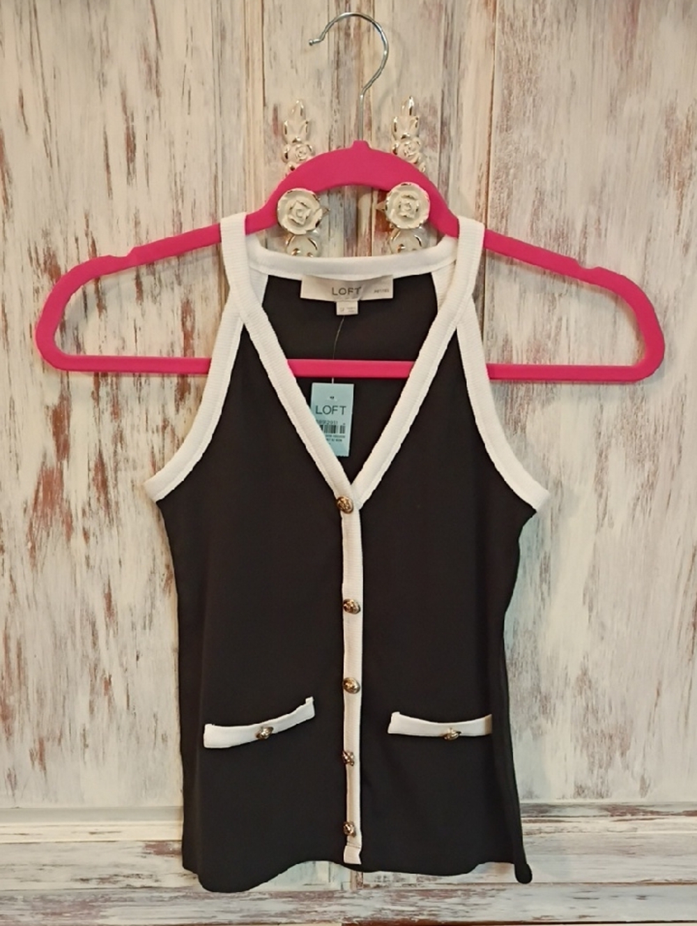 LOFT Black Tank with White Trim and Gold-Tone Buttons